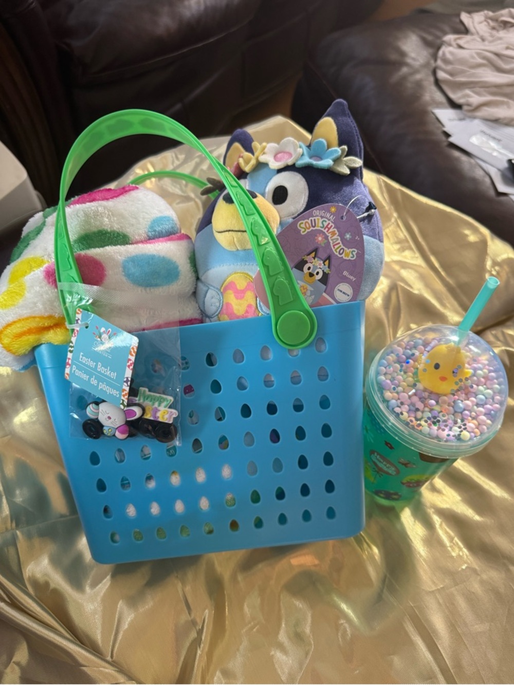 Easter Bogg Inspired Basket w/5” Bluey Squishmallow, Tumbler & Peep Blanket
